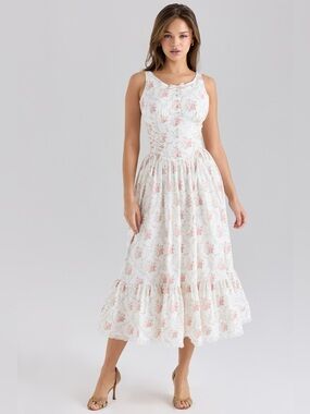 House of CB SIENNA Rose Print Stretch Cotton Lace Up Midi Dress NWOT